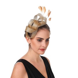 Haoijng Fascinators Hat for Women Cocktail Tea Party Headwear Flower Mesh Ribbon Feathers Headband (UK, Alpha, M, B1-Gold)