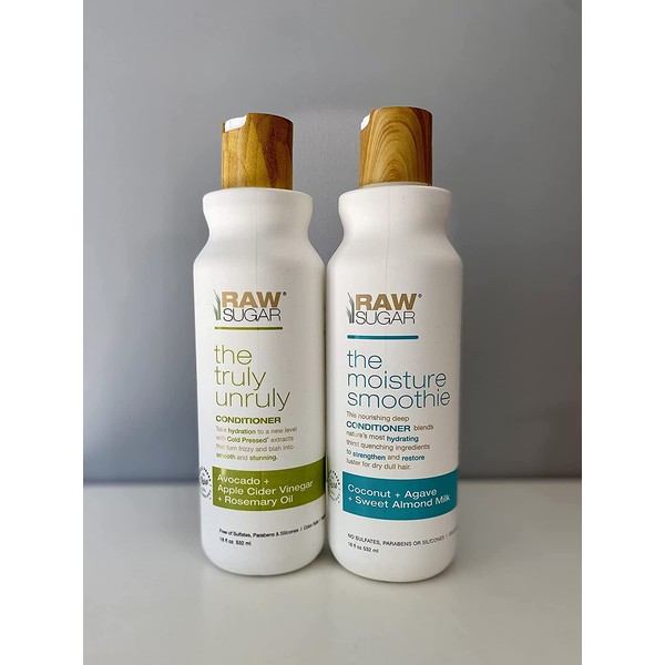 Set of 2 Raw Sugar Conditioner Coconut & Agave & Sweet Almond Milk And Truly Unruly Conditioner Avocado & Apple Cider Vinegar & Rosemary Oil 18 fl oz Each