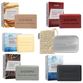 SKINBRO Probierset Männer – 4 festen Duschseifen & festen Shampoo, Aufbewahrungsbox & Sisalsäckchen – Vegan & Nachhaltig, – Perfektes Geschenkset für Männer - Nachhaltige Duschseife für Haar & Körper