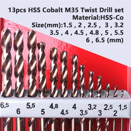 Gonnely M35 Cobalt Drill Bit Set, 13Pcs Twisted Drill Bits Set, 135 Degree Cutting, HSS-Co Cobalt Straight Handle Jobber with Metal Box for Stainless Steel Copper (1.5-6.5 mm)