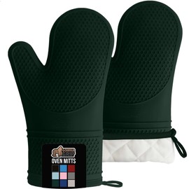 GORILLA GRIP BPA-Free Soft Silicone Oven Mitts, Heat Resistant and Waterproof Cooking Gloves, Thick Cotton Lining, Flexible Gripping for Baking Grilling, Kitchen Potholders Set, 12.5x8.3, Hunter Green