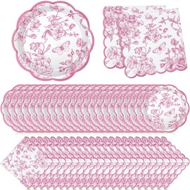 Willinglong 120 Pcs Floral Paper Plates and Napkins Bulk Disposable Napkin 2-ply Scalloped Paper Plates Dinnerware Sets for Wedding Baby Shower Birthday Party Decorations(Pink)