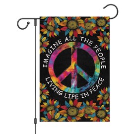 Wodison Rainbow Peace Sign Garden Flag 12x18 Inch Vertical Double Sided, Burlap Sunflower Imagine All The People Living Life in Peace Motivational Yard Flag for Outdoor Patio Lawn Decoration