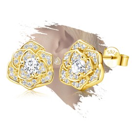 Gold Rose Flower Earrings for Women - Sterling Silver Classic Stud Earrings Hypoallergenic Cubic Zirconia Lightweight Sparkle Rose Earrings for Mother Wife Gifts for Birthday Christmas Anniversary