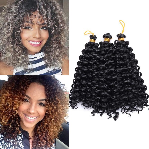 TESS Hair Extensions Crochet Weaving Braids Synthetic Hair Water Wave 8 Inches (20 cm) Short Synthetic Hair 3 Bundles 90 g Natural Black