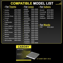 CARORY Cabin Air Filter w/Activated Carbon for Toyota Camry, Corolla, RAV4, Prius, Highlander, Sienna, Venza, Crown, Lexus ES350, ES300h, NX250, RX350, RX450h, Subaru Outback, Mazda CX9 and More