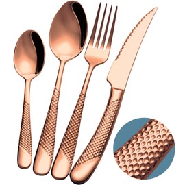 Xideman 16-Piece ​Modern Copper Hammered Silverware Set with Ultra Sharp 2-IN-1 Serrated Knife, Rose Gold 18/10 Stainless Steel Flatware Set, Utensil Cutlery Set for 4 Person, Forks Spoons Knives Set