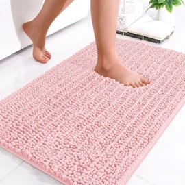OLANLY Luxury Chenille Bath Mat, Extra Soft Thick Absorbent Shaggy Bathroom mat, Non-Slip Machine Wash Dry Plush Bath Mats for Bathroom, Shower, and Tub (24"x16", Pink)