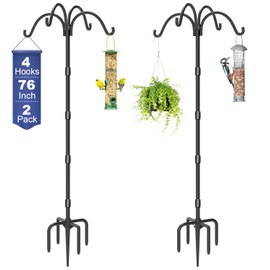 Tikimilor Upgrade 4-Hook Shepherds Hooks for Outdoor with Plastic Tube, 76" Heavy Duty Bird Feeder Pole with 5 Prongs Base, Adjustable Garden Hook for Solar Light, Hanging Plant, Wedding Decor, 2 Pack