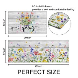 Twyt decor Spring Kitchen Rug Set of 2,Non-Slip Washable Kitchen Mats,Wood Grain Floral Kitchen Mats,Spring and Summer Holiday Decorations for Home Kitchen,17x30+17x47 Inch