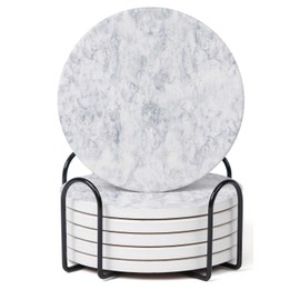 Hoomey Set of 6 White Abstract Onyx Marble Coasters with Holder, Absorbent Ceramic Coasters for Drinks, Coasters with Cork Backing for Table Protection, Home Decor, Coffee Table Decor