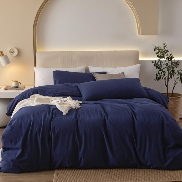 JIYUAN 100% Washed Cotton Duvet Cover Set Comfy Simple Style