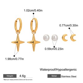 Lightweight 18k Gold Plated Hoop & Stud Earrings for Women - Elegant Star, Moon, Pearl Three-Pair Set