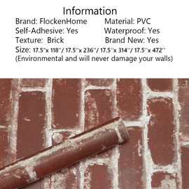 FlockenHome 17.5" x 472" Flat Faux Brick Stone Wallpaper Roll Wall Decor Stick on Door Countertop Liners Blocks Vintage Red