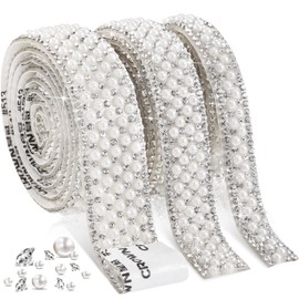 Pearl Stickers 3 Rolls Self Adhesive Pearl Rhinestone Ribbon Pearl Wrap Roll Crystal Pearl Strips for DIY Wedding Birthday Party Crafts Decoration (Staggered Style)