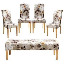 FORCHEER Dining Room Chair Covers Set of 4 with 1 PC Bench Cover Stretch Washable Printed Chair Slipcover for Parsons Removable Chair Protector（Printed Color 22）