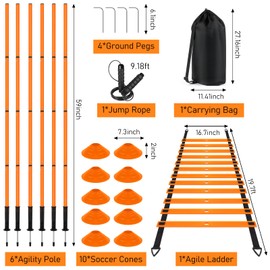 Soccer Agility Training Equipment: 6 Soccer Agility Poles, 20ft Agility Ladder, 10 Soccer Cones, 1 Jump Rope. Soccer Training Poles for Speed Training, Agility Training (Orange)
