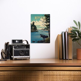 Lantern Press 6x9 Inch Metal Sign, Montana, Moose and Lake, Lithograph