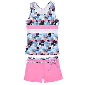 JerrisApparel Little Girls' Summer Two Piece Boyshort Tankini Kids Swimsuit (14-15/Tag Size 5XL, Pink Tropical)