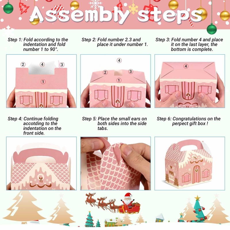 24Pcs Pink Christmas Paper Gift Boxes Gingerbread House Candy Boxes