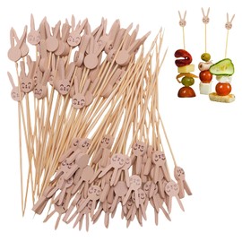 IKSII 100PCS Cocktail Toothpicks Wood,Bunny Cocktail Picks Sticks,Charcuterie Accessories Kebab BBQ Skewers Tooth Picks,Bamboo Sticks Toothpicks for Appetizers,Drinks,Desserts,Fruit,Cocktail Garnish