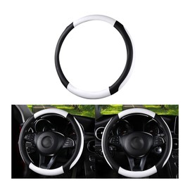 CGEAMDY Leather Car Steering Wheel Cover, Non-Slip Steering Wheel Cover, Universal, Breathable Car Steering Wheel Protection, Universal Interior Trim Accessories for Cars, SUVs (Black White)