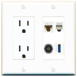 Wall Plate City CAT6 PHONE TOSLINK USB-3 Port Wall Plate w/Power Outlet White