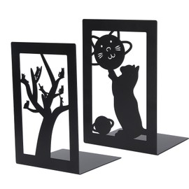 2pcs Metal Bookend Desktop Bookshelf Storage Book Documents Divider Craft Supplies(Cat Tree Cat Planet )
