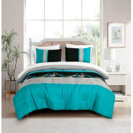 Chezmoi Collection Alana 7-Piece Bed in a Bag Comforter Set with Sheets - Embroidered Floral Luxury Leaves Teal Blue/Black/Gray Lightweight All Season Bedding, Queen Size