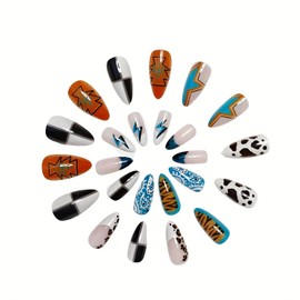 French Tip Almond Press on Nails Medium Vintage Fake Nails False Nails with Polka Dots Cow Pattern Stars Designs Abstract Art Acrylic Nails Glossy Glue on Nails for Women Girls 24Pcs