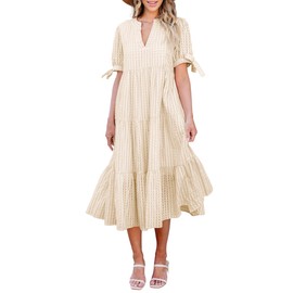 Theenkoln Womens Casual Midi Dress: Short Sleeve V-Neck Empire Waist Gingham Spring Fashion Long Trendy Tiered Formal Dresses Champagne