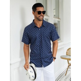 Hardaddy Men's Pattern Short Sleeve Button Down Graphic Printed Business Casual Dress Shirts with Pocket Navy Blue 01 3XL