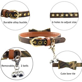 3PCS Bow Tie Dog Collar and Leash Set Plaid/Camo/Dots/Flower Dog Bandanas with Bell 3 Size Adjustable for Small Dogs Puppies and Cats (M, Camo 1)