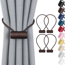 Remunkia Magnetic Curtain Tiebacks 4 Pack, Curtain Tie Backs Holder, Outdoor Curtains Tiebacks Window Treatment Holdbacks with Strong Magnet Modern Rope Tiebacks Decorative All Drape Curtains - Coffee
