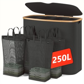 Raybee Laundry Basket with Lid,250L Clothes Hamper for Laundry Hamper 4 Section,66 GAL Laundry Basket with Lid Collapsible Laundry Hamper with 4 Removable Washing Bags, Clothes Hamper,Black