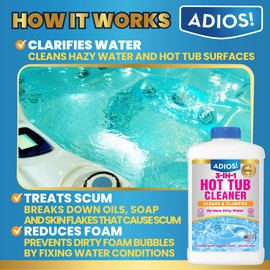 Adios! 3-in-1 Hot Tub Cleaner - 50 Treatments of Weekly Clarifier, Scum Remover and Odor Treatment for Chlorine and Bromine Spas (Gallon - 128oz)