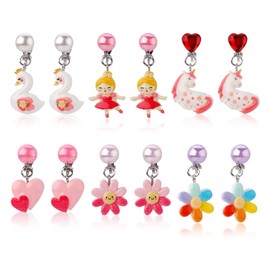 6 Pairs Girl Clip On Earrings, Non Pierced Earrings Set with Ear Pads Cute Unicorn Swan Love Design Ear Clips for Children Non Perforated Clip on Earrings Stud Jewelry for Girls Gift Kids