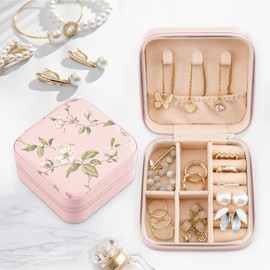 MAYCARI Jewelry Box with Cute Floral Flower Pattern Design, PU Leather Jewelry Travel Organizer Case-Rings/Earrings/Necklace Storage Box for Women Birthday Mom Friends Her Bridesmaids Girls Gifts