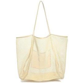 Large Mesh Beach Tote Bag, Foldable Oversized Lightweight Grocery Storage Net Bag Handbag for Women with Zipper Pocket Toys Towels for Family Travel Waterproof Pool Bag Vacation Beach Trip