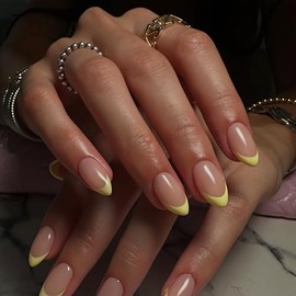 SXVME 30 Uñas Postizas Amarillas Francesas, Almendradas Cortas, Con Pegamento, Forma De Estilete Medio, Uñas Acrílicas Naturales Para Mujer, 15 Tamaño