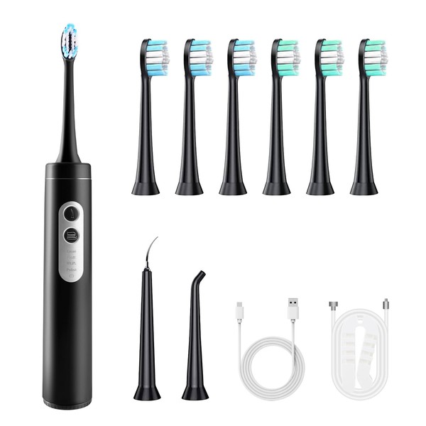 Hotodeal - cepillo para polvo de dientes eléctrico con hilo dental de agua, kit de limpieza de dientes 3 en 1 con 3 cabezales diferentes, 4 modos de cepillo para polvo de dientes eléctrico portátil