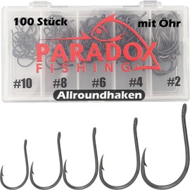 Paradox Fishing All-round fishing hooks with eyelet, 100 pieces, #10/#8/#6/#4/#2 - 20 pieces each, fishing hook set for carp, trout etc.