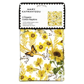 Museums & Galleries Organic Cotton Set of 4 Cloth Napkins - Artistic Yellow Butterflies and Flowers Design by Mary Katrantzou - Reusable Tableware