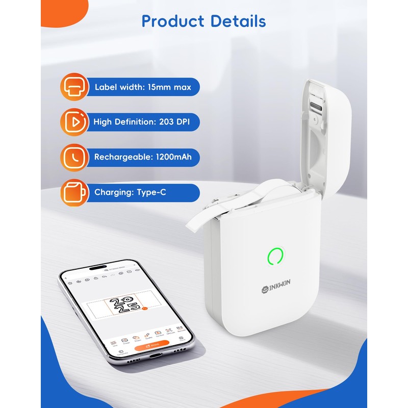 InkWon Label Maker Machine with Tape, D11s Bluetooth Label Maker