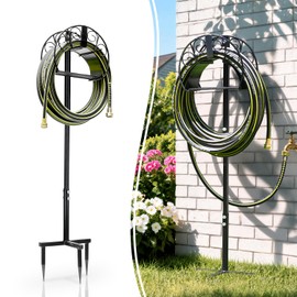 Colwelt Garden Hose Holder & 50FT Water Hose 1/2", Freestanding Water Hose Holder, Rustproof Detachable Garden Hose Storage, Water Hose Reel Stand with Storage Basket, Metal Hose Stand for Yard & Lawn