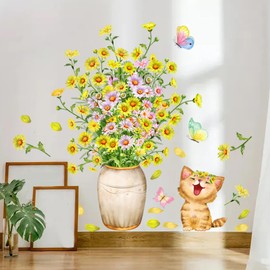 Seekplore Colorful Cartoon Cat & Flower Floral Wall Stickers, Waterproof PVC, Easy Apply & Remove, Indoor/Outdoor, Wall, Window, Furniture, Door