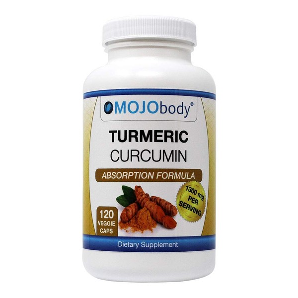 MOJObody Turmeric Curcumin C3 Complex High Absorption Formula with BioPerine Black Pepper, Natural Anti-Inflammatory, 1300mg Per Serving, 120 Veggie Capsules