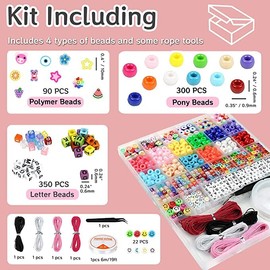 Clay Beads for Jewelry Making Kit, with Elastic String and Ropes, Including Pony Beads Alphabet Letter Beads Smiley Face Beads and Polymer Beads, Bracelet Making Kit for Girls and adults