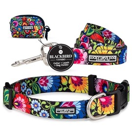 Lucky Love Dog Adjustable Collar, Leash & Waste Bag Holder Floral Set - Comfortable Collar, Easy Click Buckle, Strong & Durable Leash for Small to Large Dogs, Cute Poop Bag Holder - Blackbird, XS