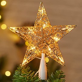 Christmas Star Tree Topper,9" 3D Twined Star Metal Hollow Designed Tree Topper,Built in 10 Bulbs Tree Topper Plug in for Indoor Office Christmas Xmas New Year Holiday Tree Decoration